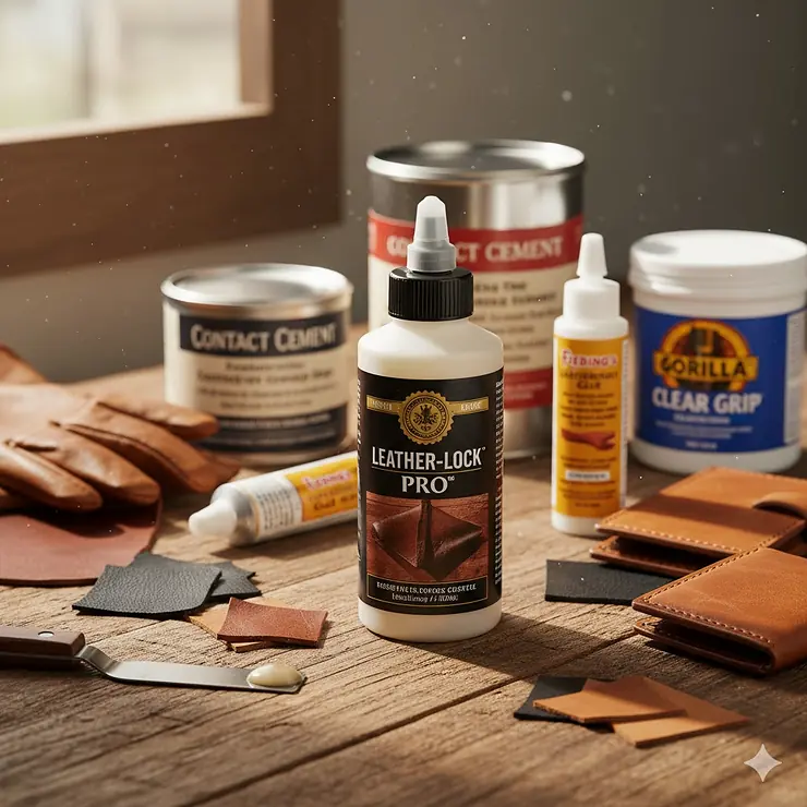 A selection of the best glues for leather repair and crafts, with a bottle of a strong, flexible leather adhesive highlighted.