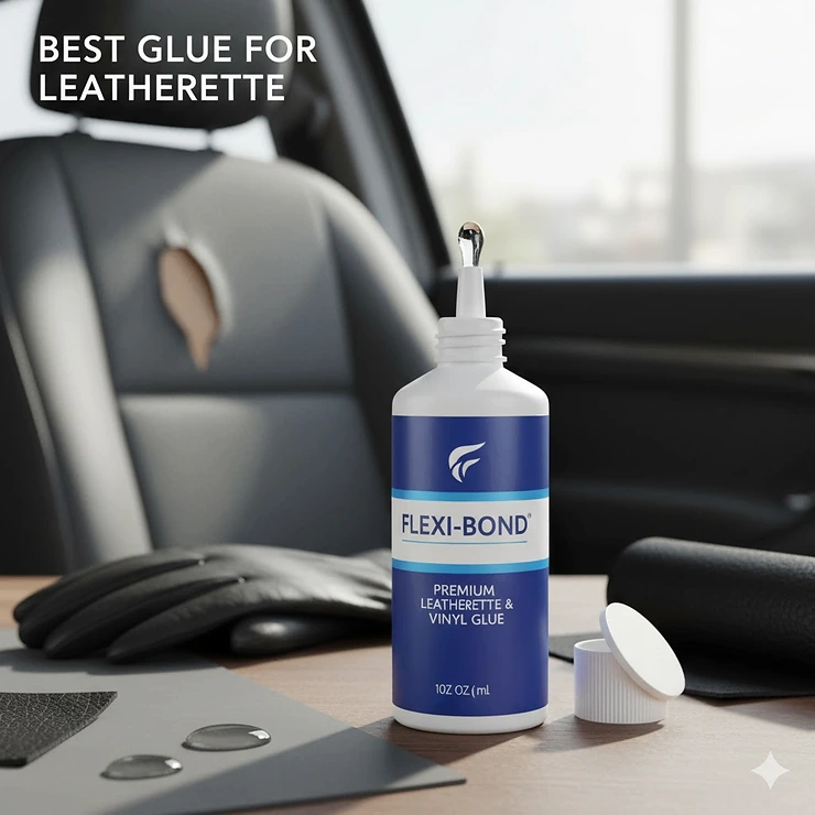 Best glue for leatherette fabric or vinyl upholstery repairs, showing a bottle of adhesive.