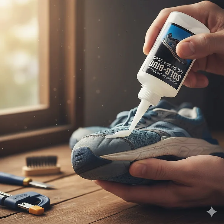 A bottle of the best glue for shoe soles being applied to repair a sneaker.
