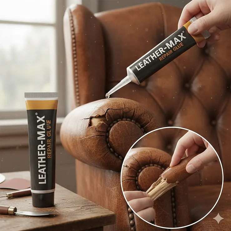 A tube of leather repair glue and applicator next to a torn leather armchair, emphasizing a strong, flexible bond.