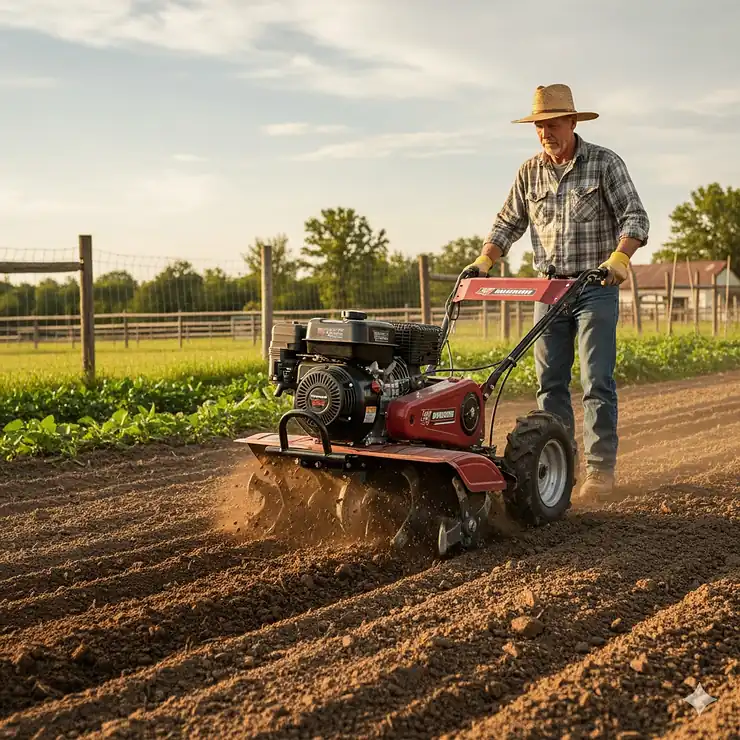 A powerful rear-tine rototiller breaking up tough, compacted garden soil with deep tilling action.