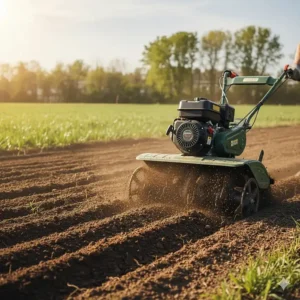 User operating a rototiller with adjustable, comfortable ergonomic handles and an easy-to-access control lever for safety and extended use.