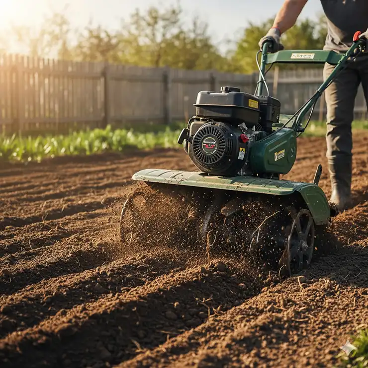 Best rototiller for breaking new ground, a powerful gas-powered rear-tine tiller with counter-rotating tines easily churning compacted soil.