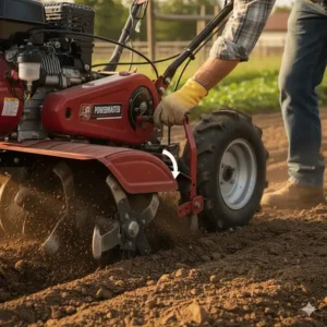 An operator adjusting the variable tilling depth control on a top-rated rototiller model.