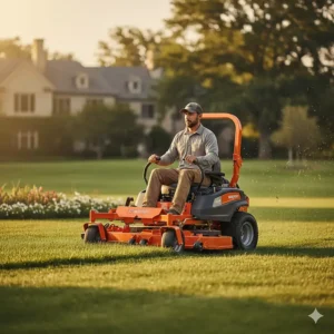 A professional operating a stand-on commercial zero-turn mower, highlighting visibility and agility for frequent on/off tasks.
