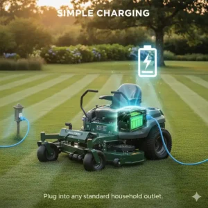 An image of the simple process of charging an electric zero turn mower using a standard household outlet and its onboard charger.