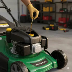 User checking the oil level on their electric start push lawn mower during routine seasonal maintenance.