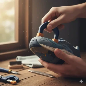 A close-up of a shoe sole firmly clamped after applying the repair adhesive.