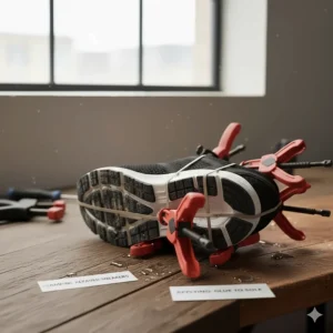 A pair of running shoes secured with clamps and rubber bands to ensure a strong bond from the best glue for sneakers.