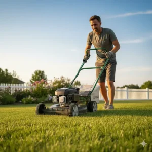 Illustration of the physical effort required to operate a push lawn mower on a slight incline.