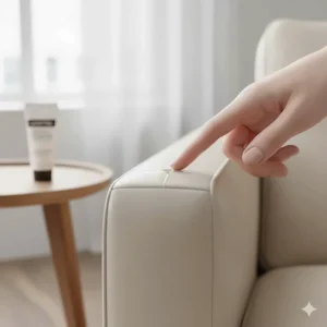 A final shot of a nearly invisible repair made with clear leather repair glue on light-colored furniture.