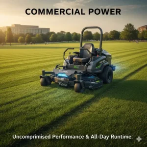 A professional-grade commercial electric zero turn mower tackling a dense, large lawn, demonstrating its power and all-day runtime.