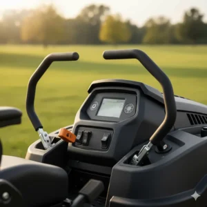 A close-up of the lap bar controls and ergonomic dashboard on a high-end commercial zero-turn mower.