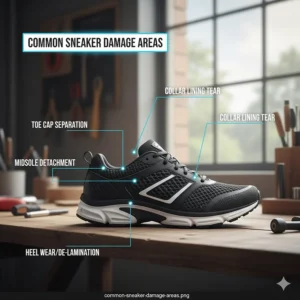 Infographic showing the most common areas of damage on shoes where the best glue for sneakers is used, like toe caps and heels.