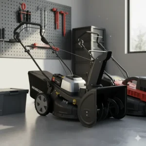 The compact, folding design of the electric lawn mower snow blower unit stored neatly in a small garage space.