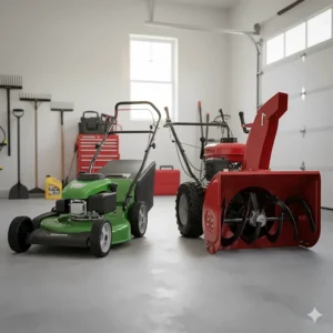 Side-by-side comparison of a standard walk-behind lawn mower and a dedicated walk-behind snow blower, highlighting the two separate tools.