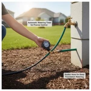 Image of a user connecting a garden hose timer to the soaker hose system for automatic and precise foundation watering.