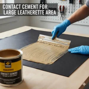 Spreading contact cement for leatherette across a large area for full resurfacing.