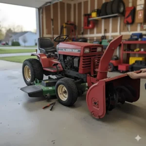Close-up of a convertible tractor with a snow blower attachment being mounted where the lawn mower deck usually sits, demonstrating how to switch the lawn mower to a snow blower.