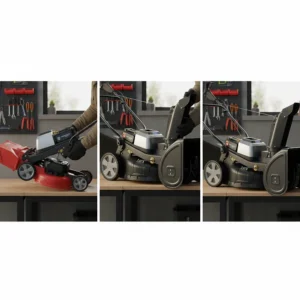 A step-by-step visual of a user quickly converting the base unit from the mower deck to the electric snow blower attachment.