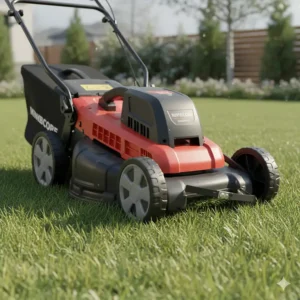 Close-up view of the cordless electric lawn mower deck in action, cleanly cutting a lush green lawn.