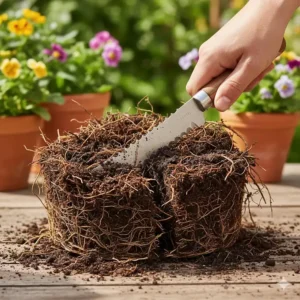 A hand using a tough, serrated gardening knife to neatly divide a clump of perennial plant roots.