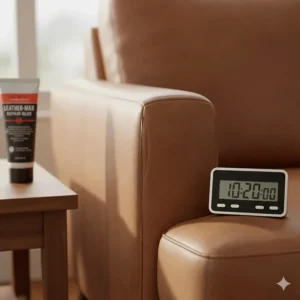 A timer next to a freshly mended tear, illustrating the recommended drying time for leather repair glue on an upholstery couch.