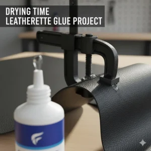 A clamp holding two pieces of material together during the leatherette glue drying time.