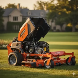 A commercial zero-turn mower with its seat/platform lifted, showing easy access to belts and hydraulic components for routine maintenance.