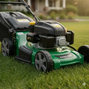 Image highlighting the small engine unit of an electric start lawn mower, showing where the starter motor connects.