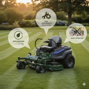 Infographic illustrating the benefits of an electric zero turn mower, such as zero emissions, low maintenance, and quiet operation.