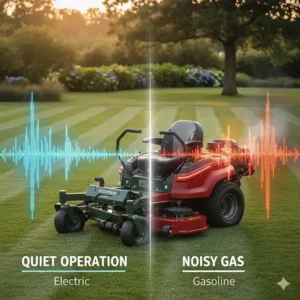 Comparison image showing a quiet electric zero turn mower next to a noisy gas model, visually representing the difference in sound.