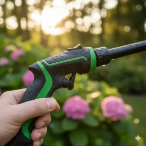 An illustration showing the ergonomic handle and thumb control of a quality garden watering wand.