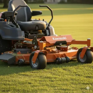 Detailed view of a thick, fabricated steel deck and reinforced frame of a rugged commercial zero-turn mower.