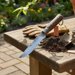 A close-up of a sharp gardening knife with a wooden handle, resting on a garden bench with soil and trowels.