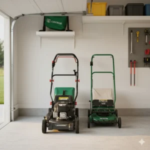 A lawn mower with folding handles, showing how both a self-propelled and a push mower can be stored compactly.