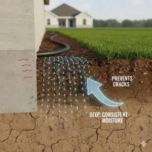 Diagram showing how a soaker hose delivers deep, consistent moisture to the soil around a foundation to prevent cracks.