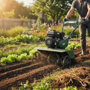 A lightweight front-tine rototiller with forward-rotating blades, ideal for cultivating established garden beds and mixing in compost.