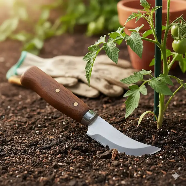 A sturdy gardening knife with a wooden handle rests on dark soil next to a vibrant tomato plant, ready for use in the garden.