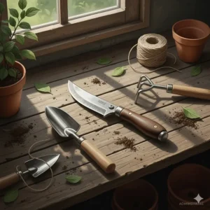 A collection of essential gardening tools, centered by a versatile gardening knife, neatly arranged on a rustic wooden potting bench.