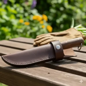 A sturdy canvas or leather sheath protecting a gardening knife for safe storage and transport.