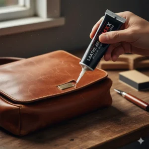 A vintage leather handbag being restored by applying leather repair glue to a scuff or peeling area.