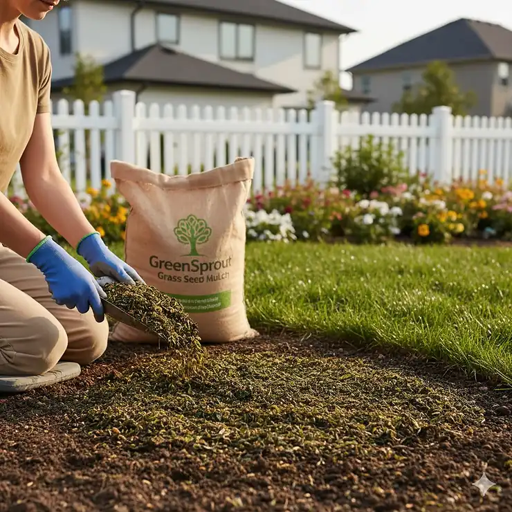 Applying grass seed mulch to a new lawn area for optimal germination and moisture retention.