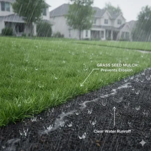 Example of grass seed mulch effectively preventing soil erosion control on a sloped area.