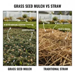 Comparison chart of grass seed mulch against traditional straw for lawn seeding projects.
