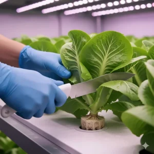 A gardener's hand uses a specialized gardening knife to harvest a fresh head of lettuce from a modern hydroponic system.