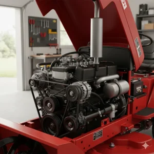The engine compartment of a utility tractor that can power both the lawn mower and a robust snow blower attachment, illustrating the required horsepower for the combined functions.