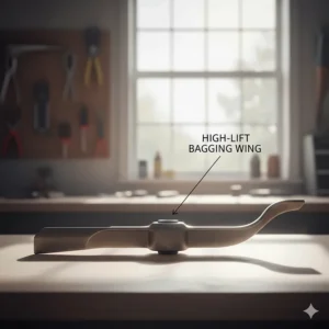 Side view showing the curved 'wing' on a high-lift lawn mower blade used for effective bagging.