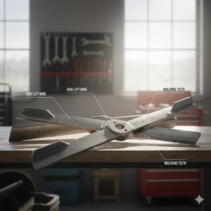 A set of high-lift mulching lawn mower blades designed to circulate and finely chop grass clippings.