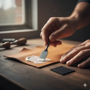 Step-by-step image showing the proper technique for spreading leather glue thinly and evenly with a spatula.